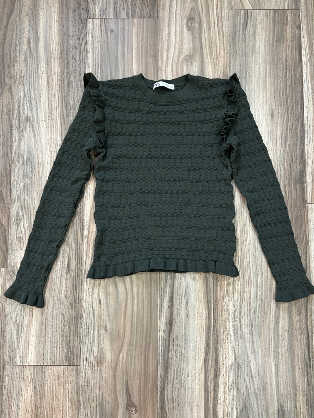 Zara Dark Green Ruffle-Trim Textured Knit Sweater